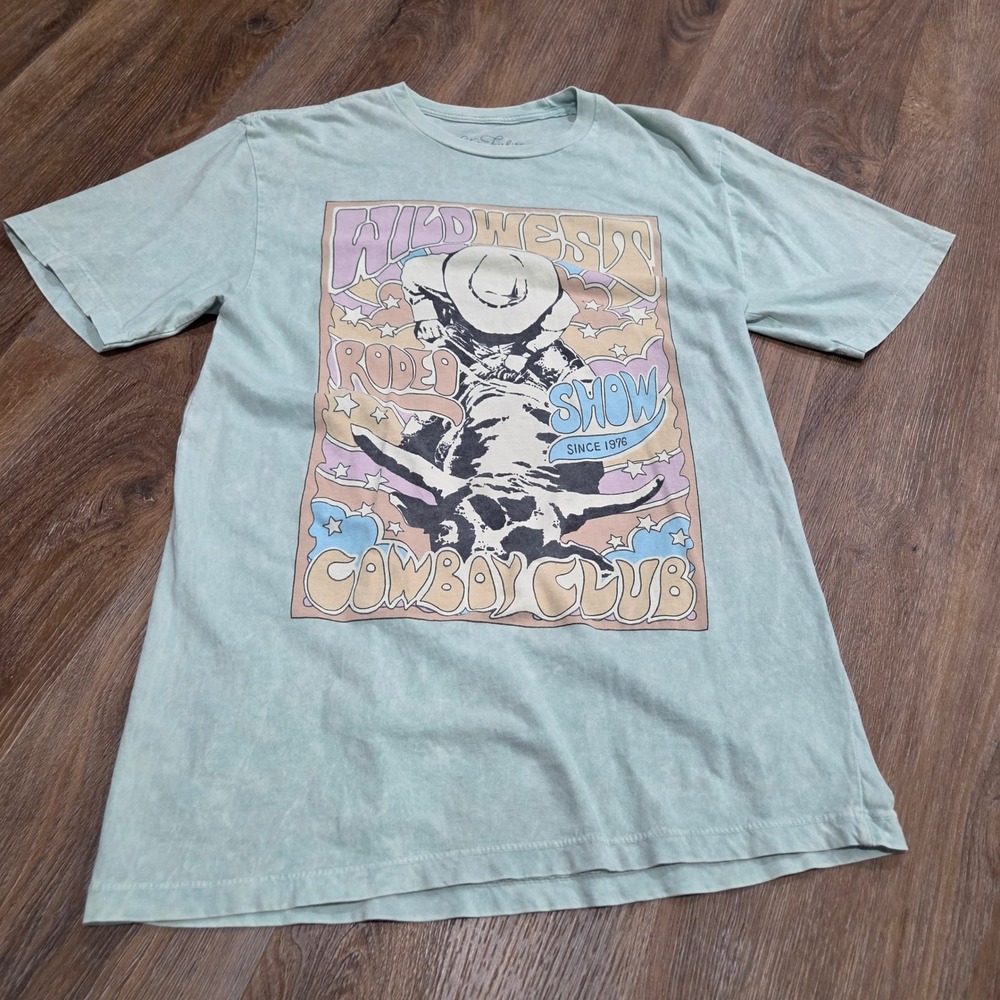 Lotus Fashion Wild West Rodeo Show Cowboy Club Graphic Tee Mint Green Medium